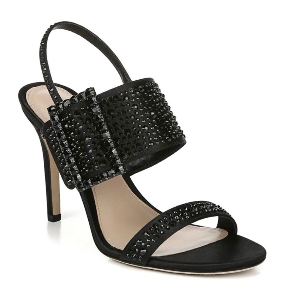 Via Spiga Black Embellished Heels | Rhinestone Ankle Strap Sandals - Picture 2 of 5